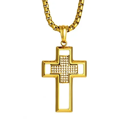 316 Stainless Steel Pavé Cross Pendant Necklace