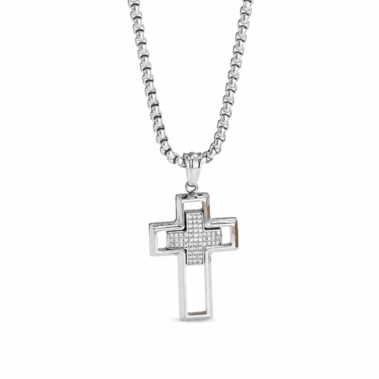 316 Stainless Steel Pavé Cross Pendant Necklace