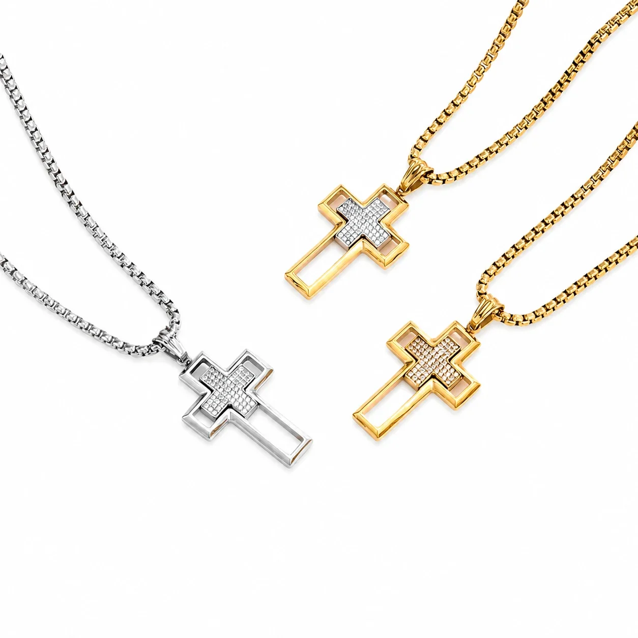 316 Stainless Steel Pavé Cross Pendant Necklace
