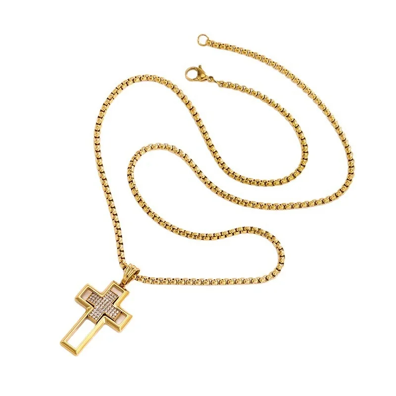 316 Stainless Steel Pavé Cross Pendant Necklace
