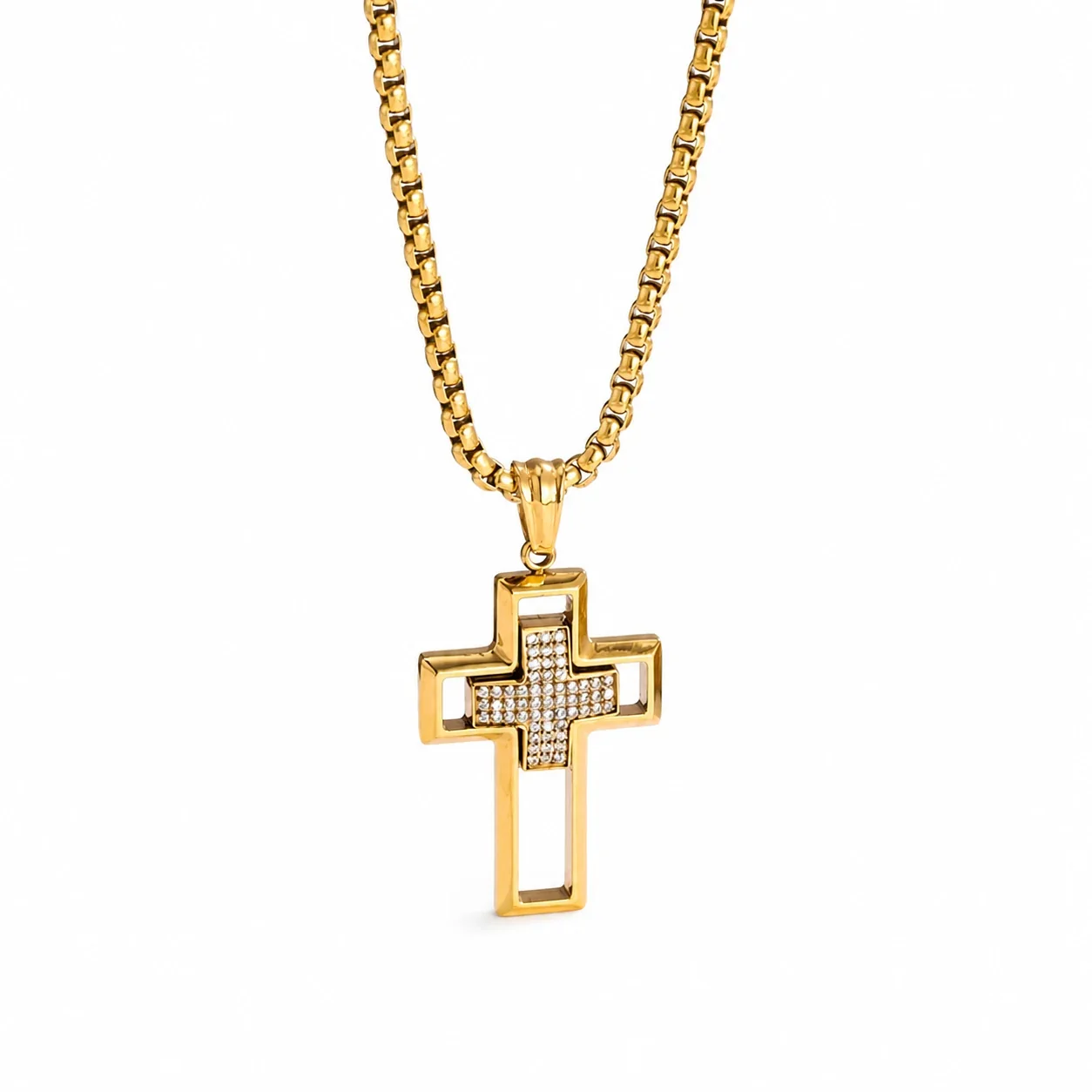 316 Stainless Steel Pavé Cross Pendant Necklace - Gold Pavé