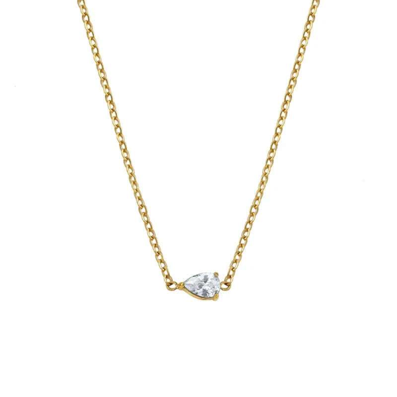Pendant Necklace Teardrop Prong-Set CZ Gold-Plated Stainless Steel - Gold Clear CZ