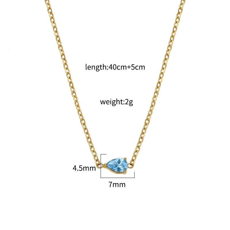 Pendant Necklace Teardrop Prong-Set CZ Gold-Plated Stainless Steel - Gold Light Blue CZ