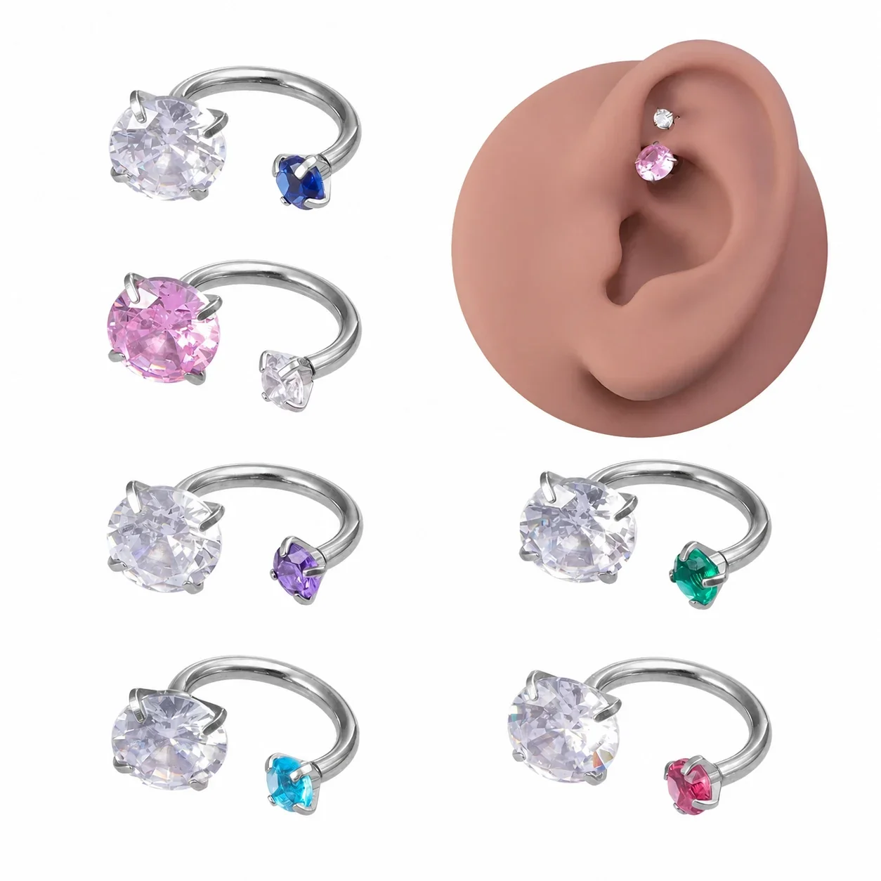 Polished 316 Stainless Steel Horseshoe CZ Ear Cuff
