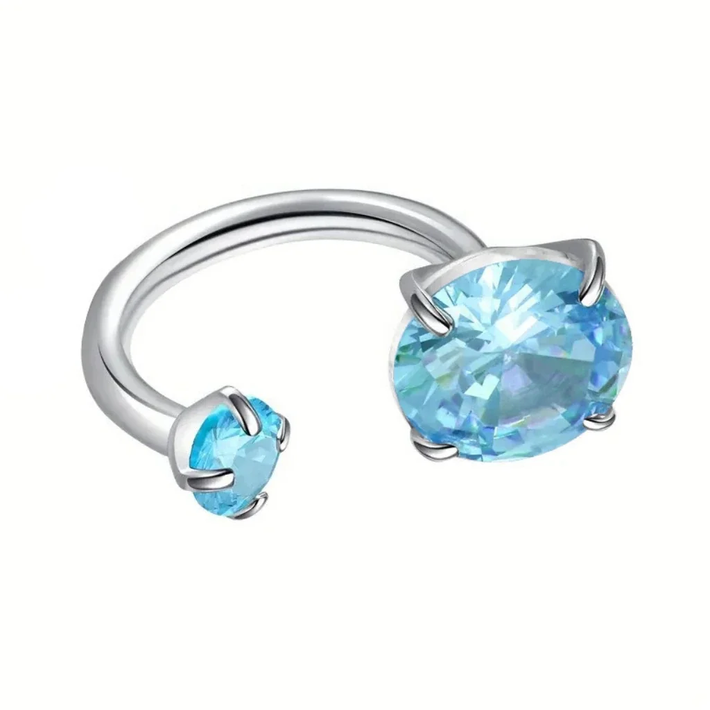 Polished 316 Stainless Steel Horseshoe CZ Ear Cuff - Aquamarine CZ
