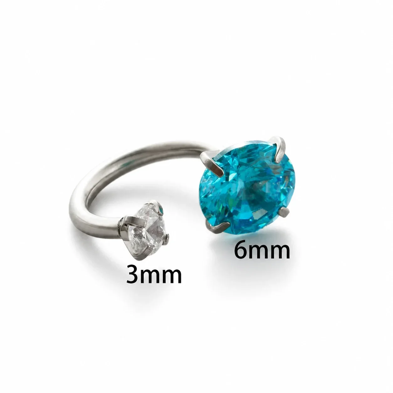 Polished 316 Stainless Steel Horseshoe CZ Ear Cuff - Aquamarine CZ with White CZ