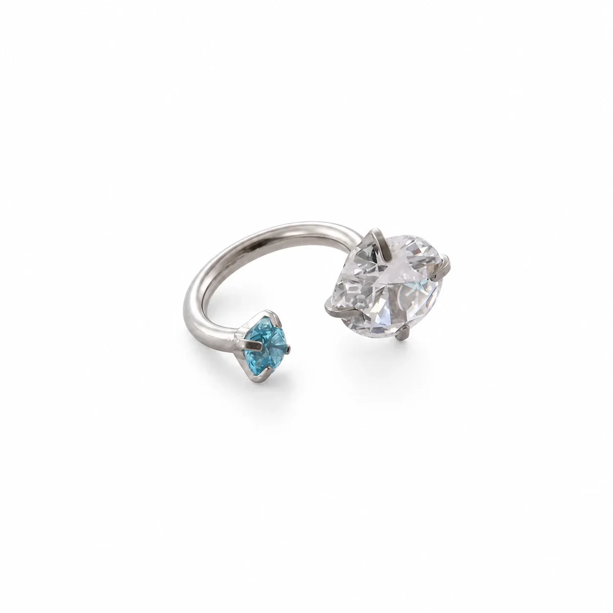 Polished 316 Stainless Steel Horseshoe CZ Ear Cuff - White CZ with Aquamarine CZ