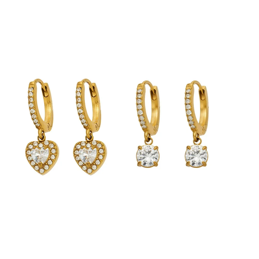 Hoop Earrings with Crystal Drop Charms, Stainless Steel Gold PVD