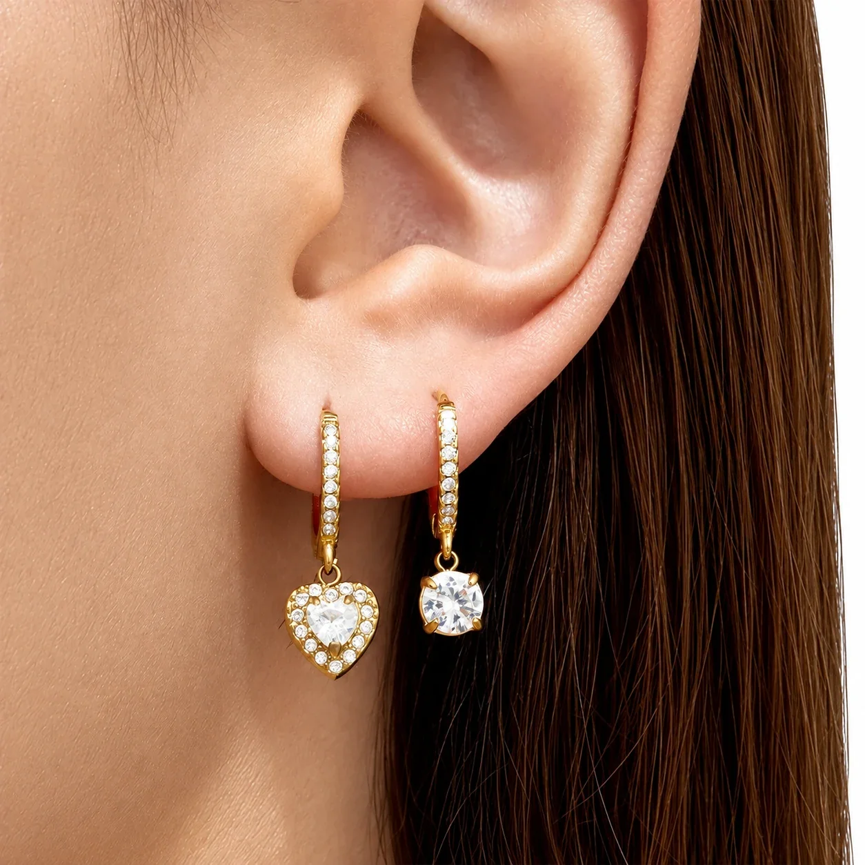 Hoop Earrings with Crystal Drop Charms, Stainless Steel Gold PVD