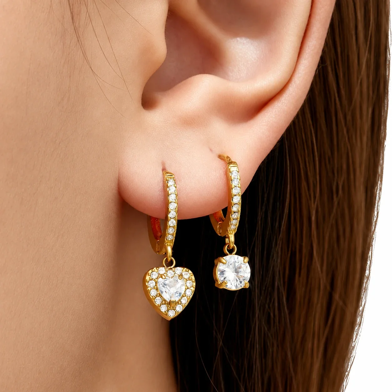 Hoop Earrings with Crystal Drop Charms, Stainless Steel Gold PVD