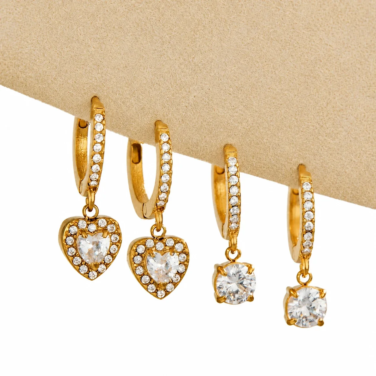 Hoop Earrings with Crystal Drop Charms, Stainless Steel Gold PVD