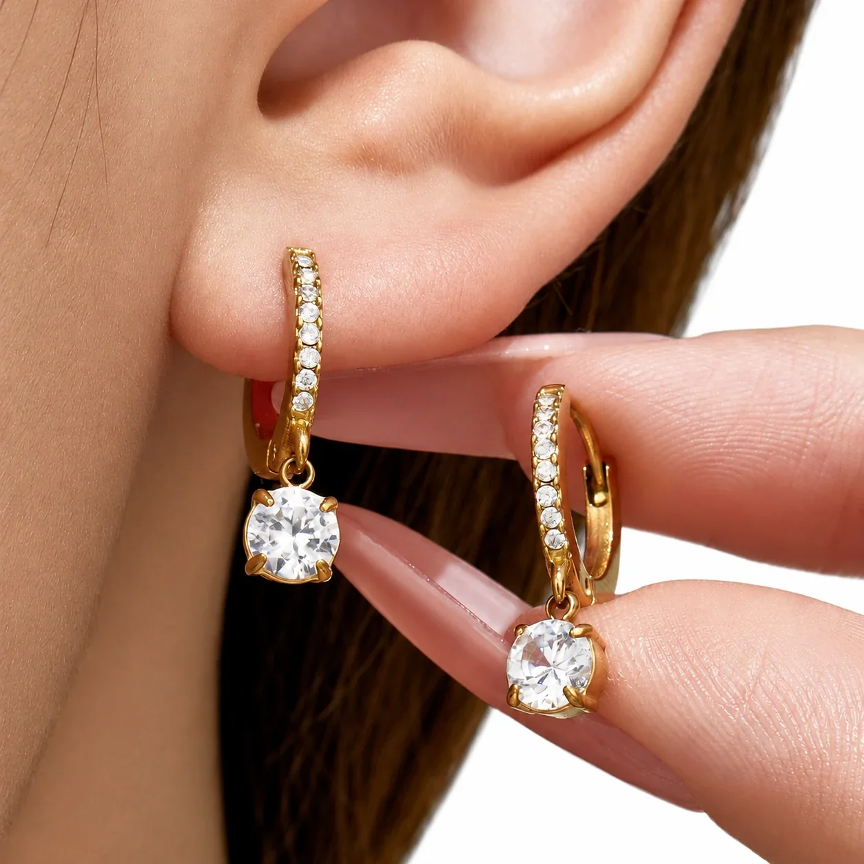 Hoop Earrings with Crystal Drop Charms, Stainless Steel Gold PVD