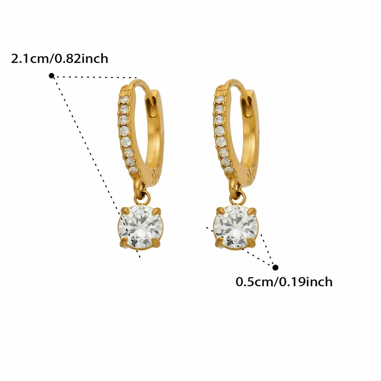 Hoop Earrings with Crystal Drop Charms, Stainless Steel Gold PVD - Gold Round Crystal