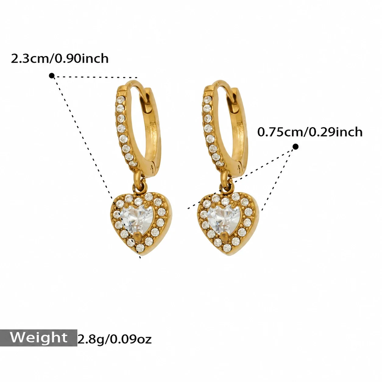 Hoop Earrings with Crystal Drop Charms, Stainless Steel Gold PVD - Gold Heart Crystal
