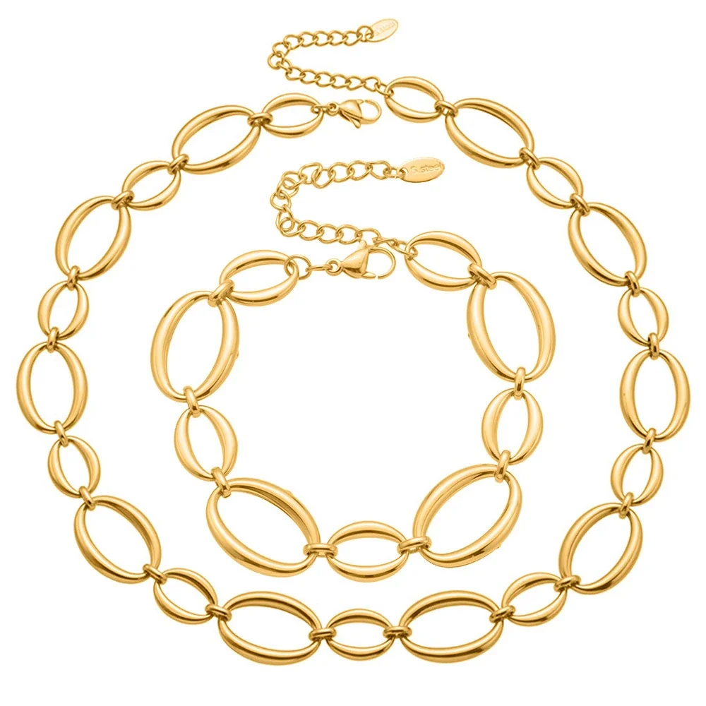 Sculptural Polished Oval Link Gold-Plated Jewelry Set