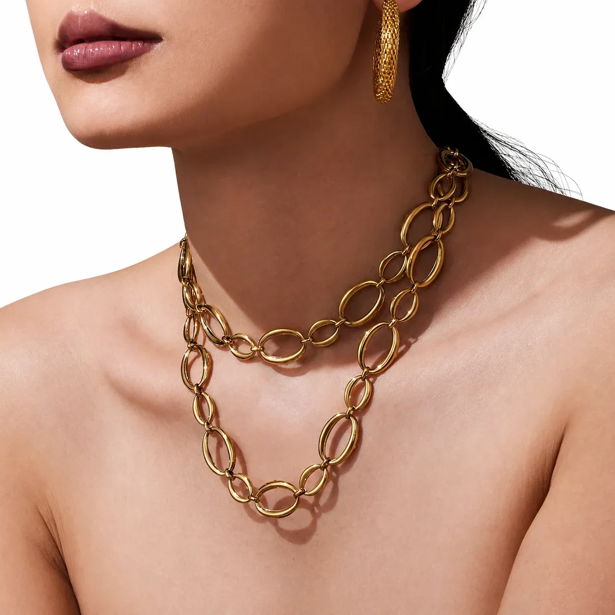 Sculptural Polished Oval Link Gold-Plated Jewelry Set