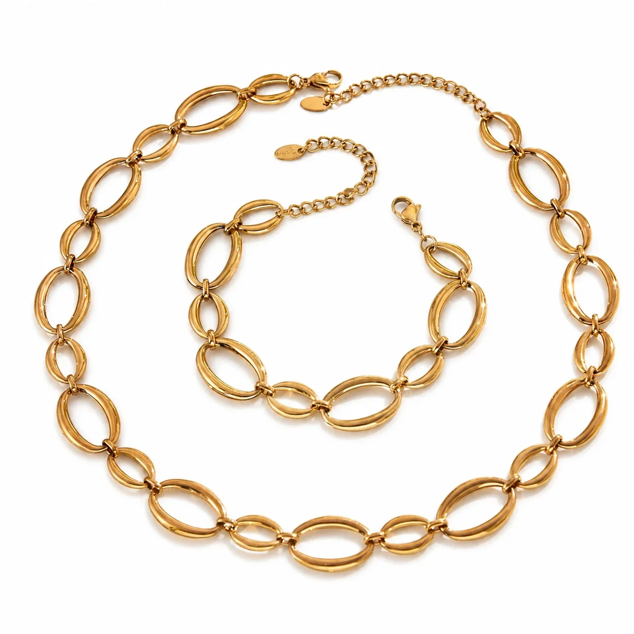 Sculptural Polished Oval Link Gold-Plated Jewelry Set