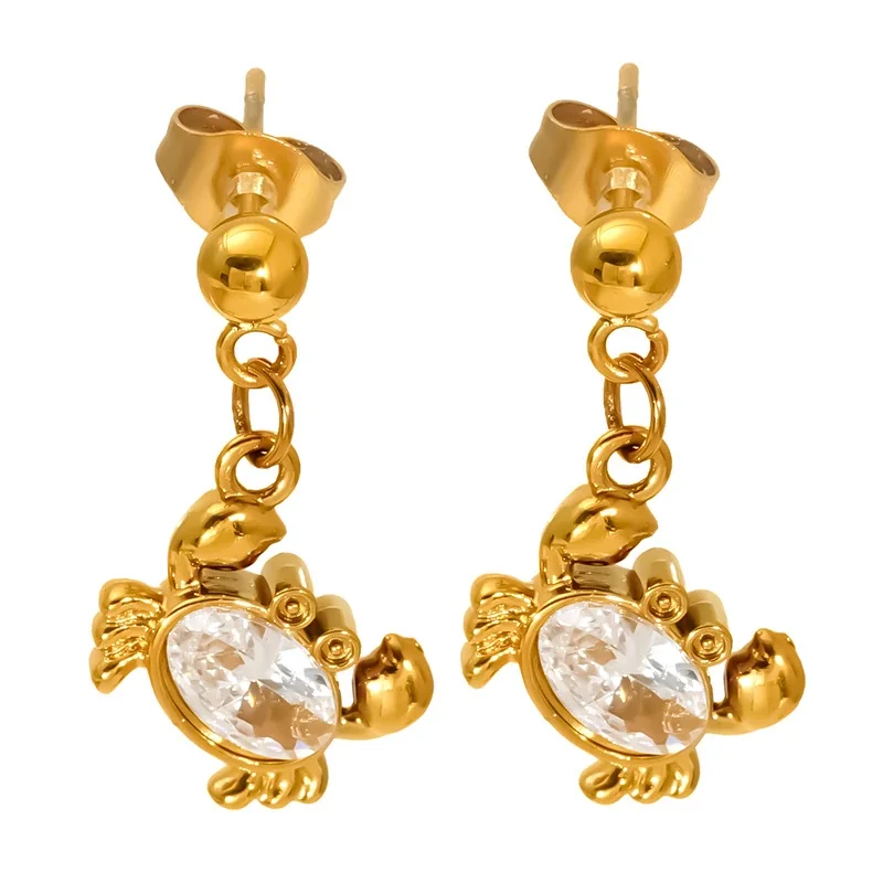 Playful Gold-Plated Stainless Steel Crab Crystal Drop Earrings