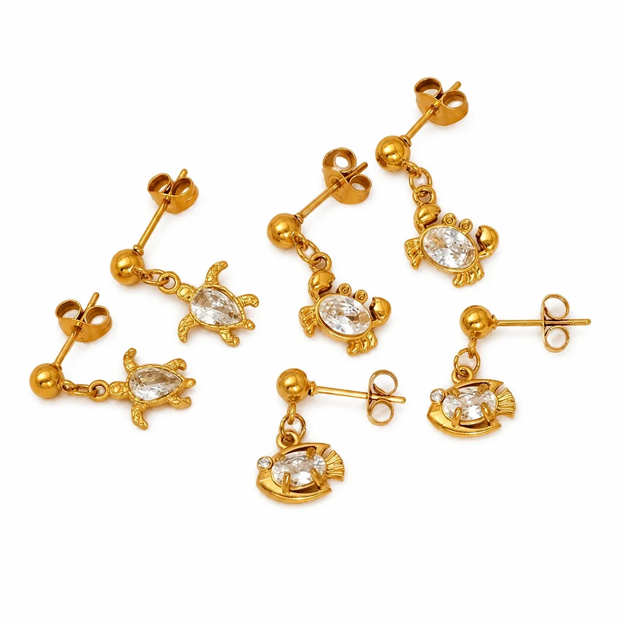 Playful Gold-Plated Stainless Steel Crab Crystal Drop Earrings