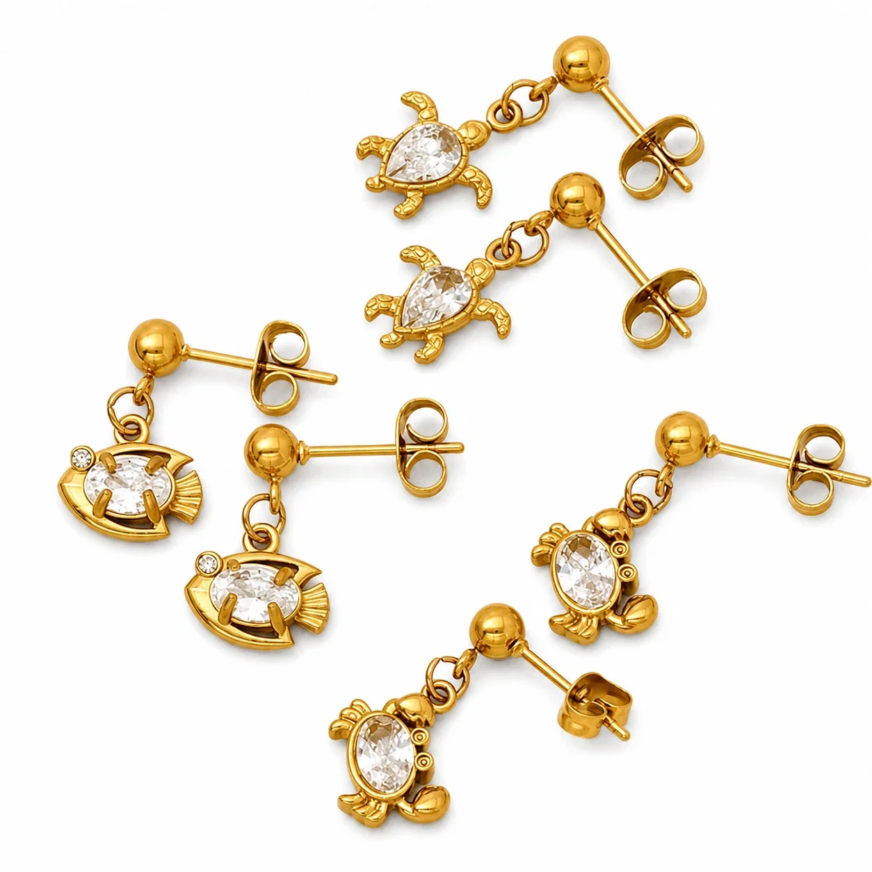 Playful Gold-Plated Stainless Steel Crab Crystal Drop Earrings