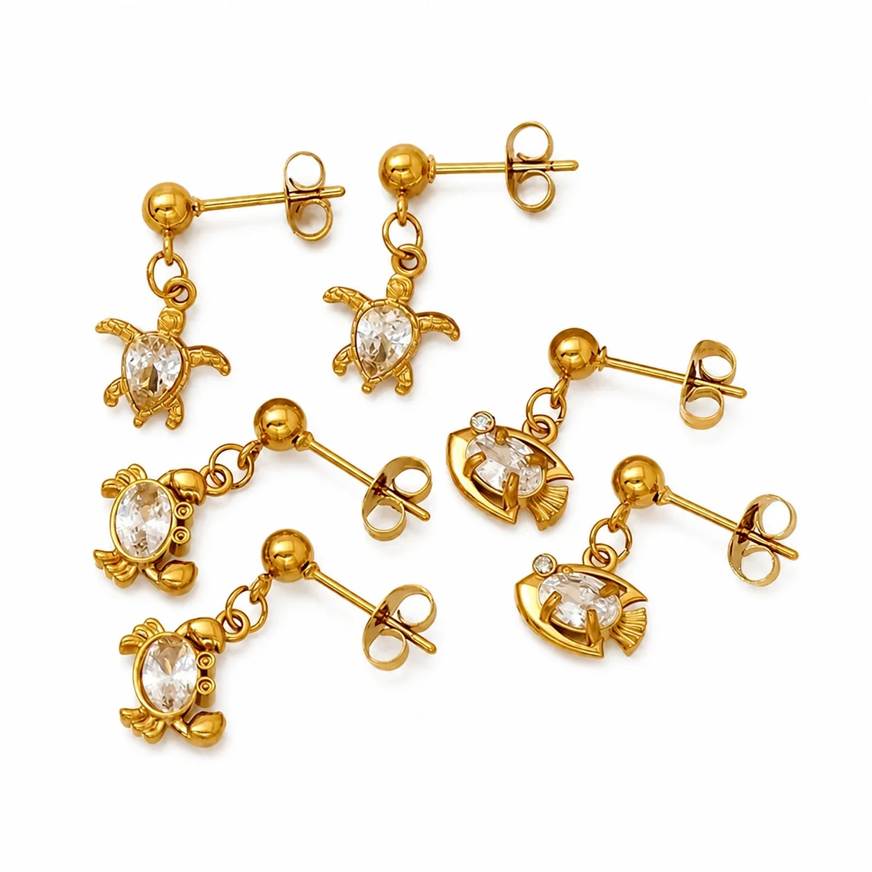 Playful Gold-Plated Stainless Steel Crab Crystal Drop Earrings