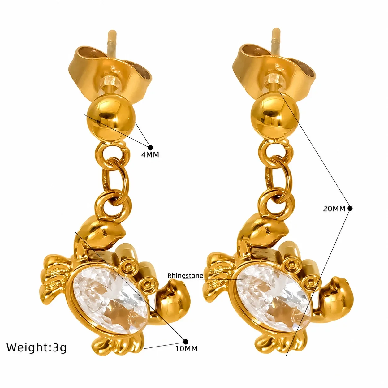 Playful Gold-Plated Stainless Steel Crab Crystal Drop Earrings
