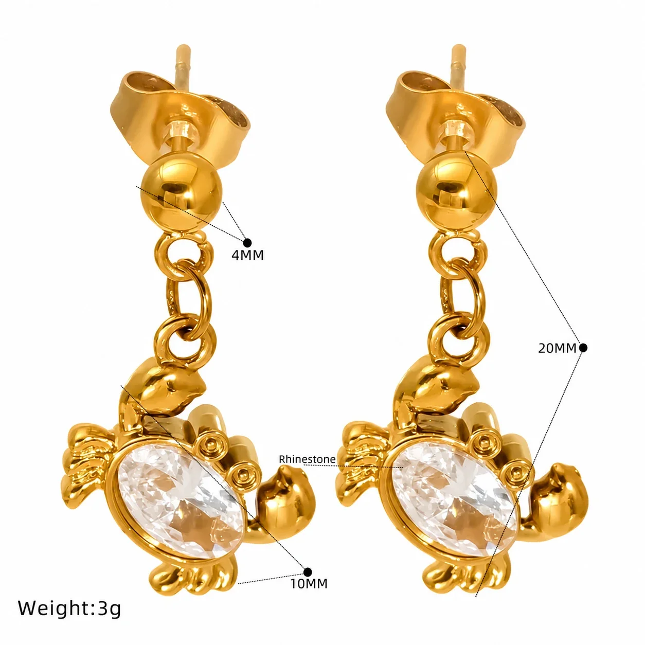 Playful Gold-Plated Stainless Steel Crab Crystal Drop Earrings - Gold Fish