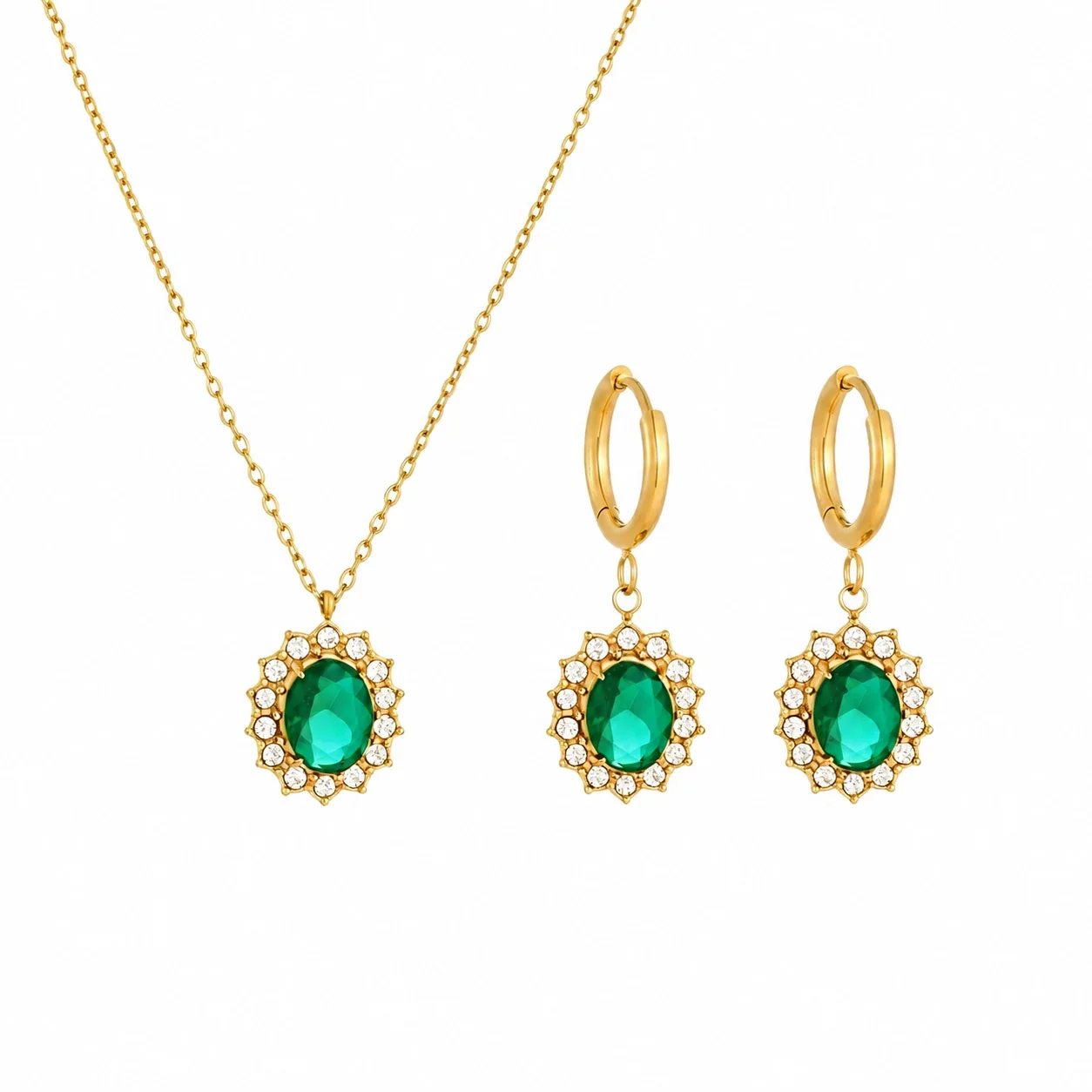 Jewelry Set with Oval Crystal Halo, Gold-Plated Stainless Steel