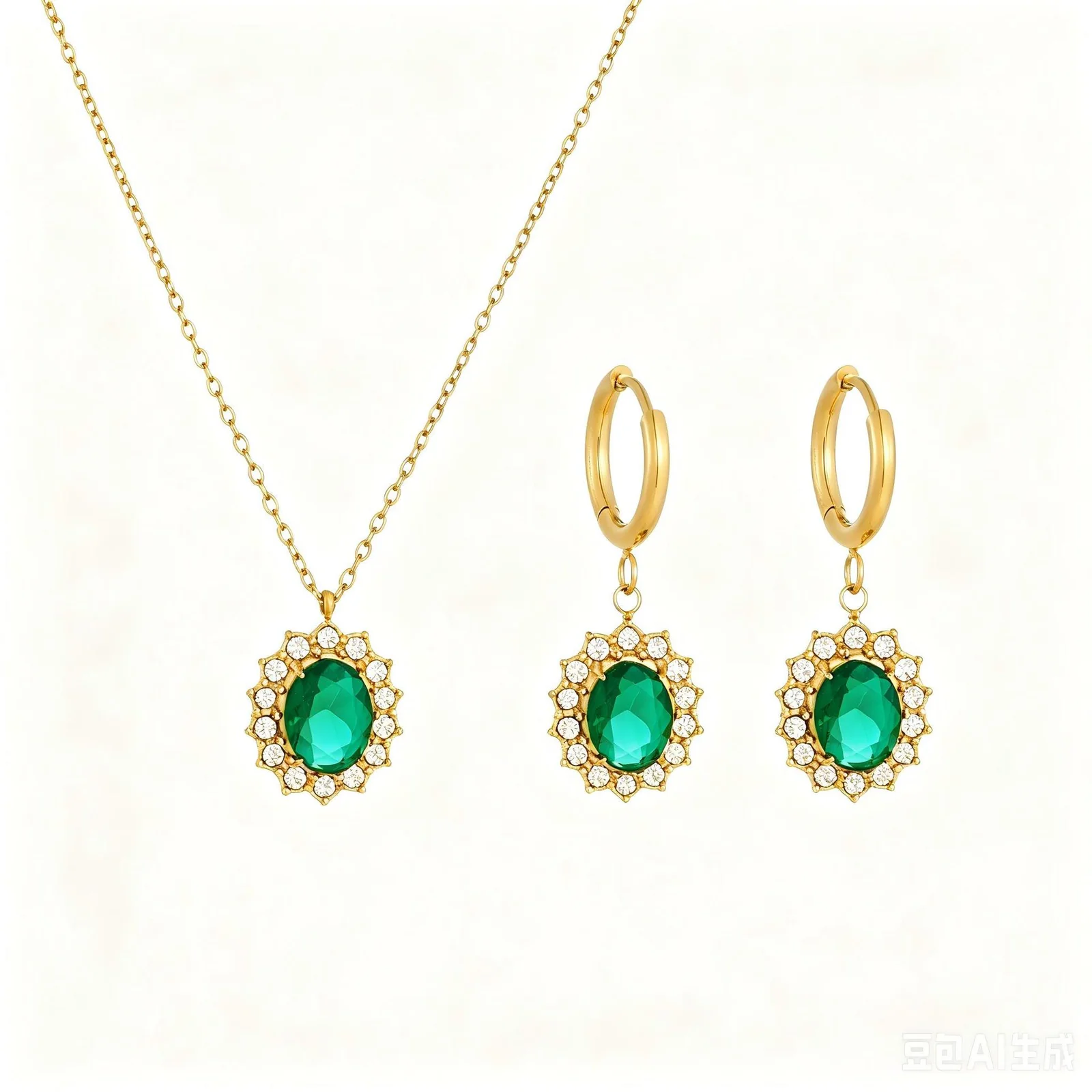 Photo produit : Parure bijoux avec halo de cristaux ovales, acier inoxydable plaqué or