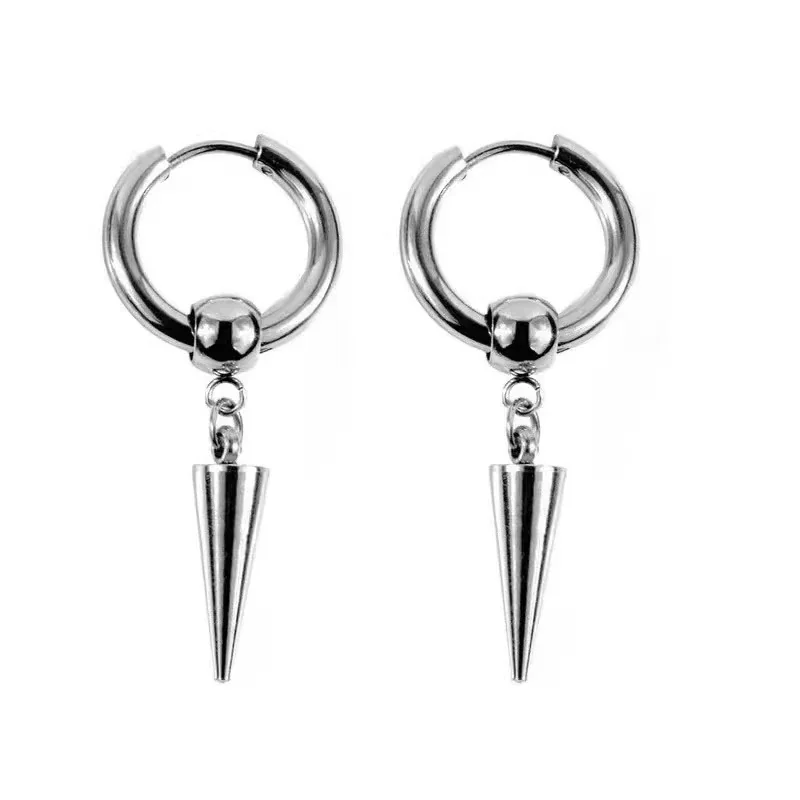 Edgy Stainless Steel Ball Charm Cone Spike Hoop Earrings