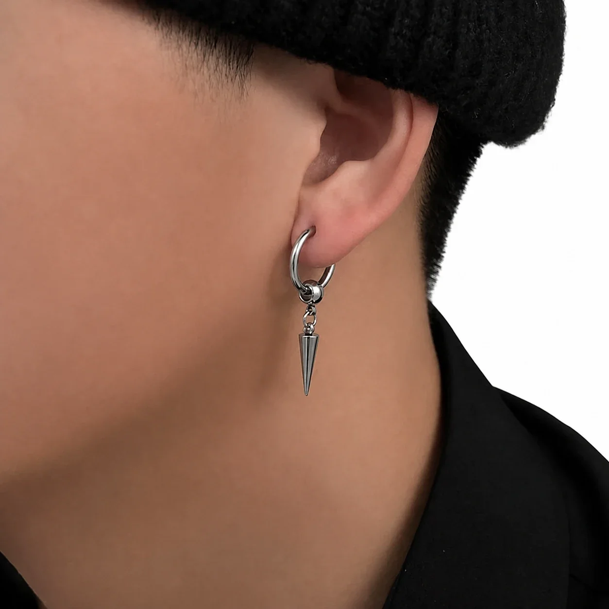 Edgy Stainless Steel Ball Charm Cone Spike Hoop Earrings