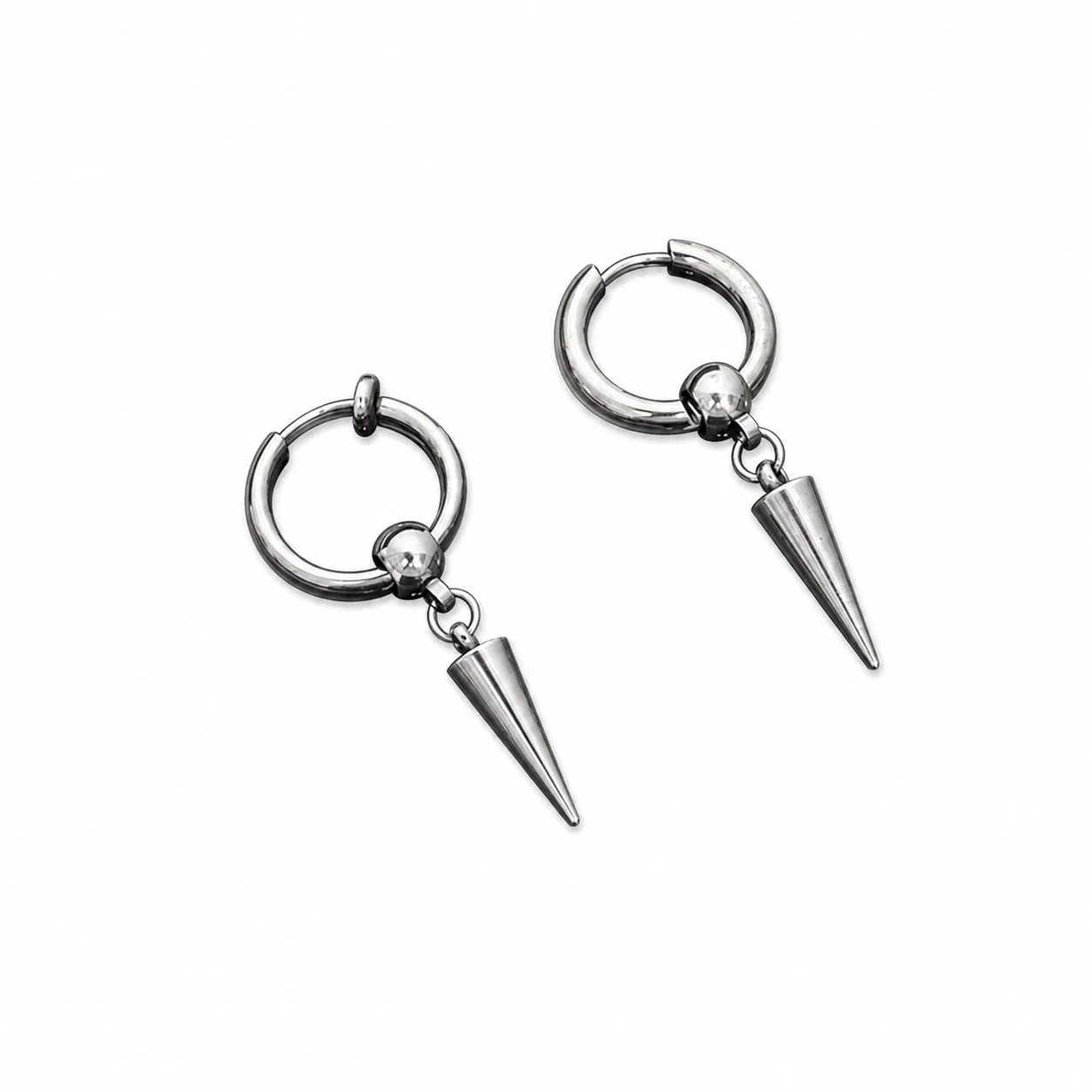 Edgy Stainless Steel Ball Charm Cone Spike Hoop Earrings