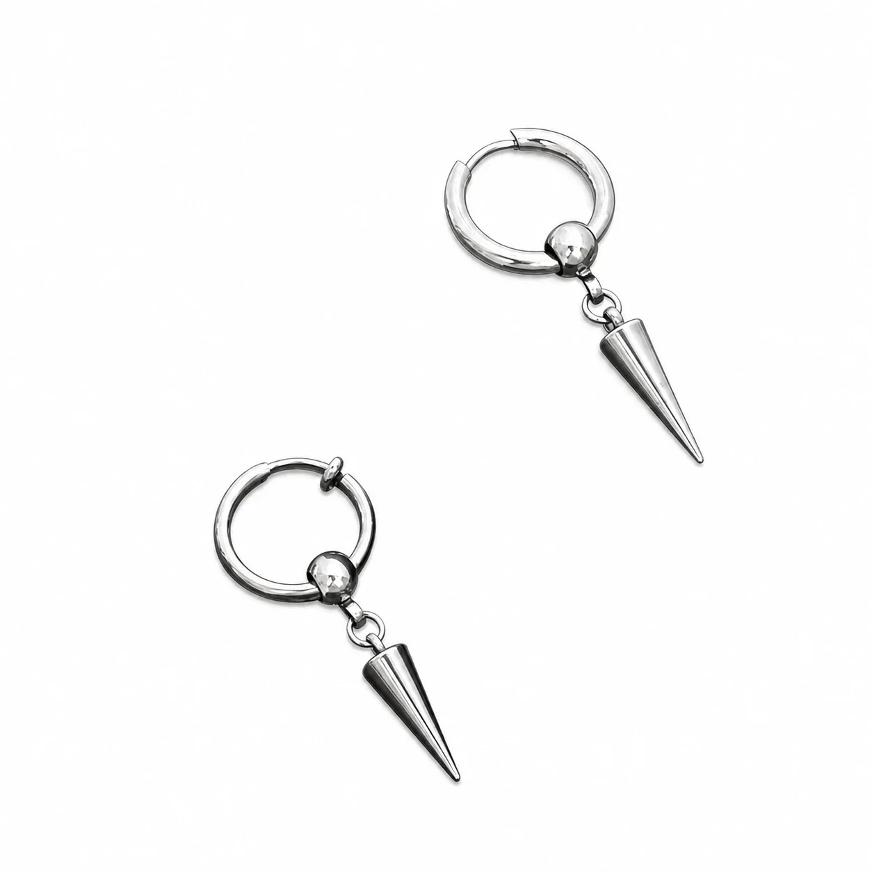 Edgy Stainless Steel Ball Charm Cone Spike Hoop Earrings