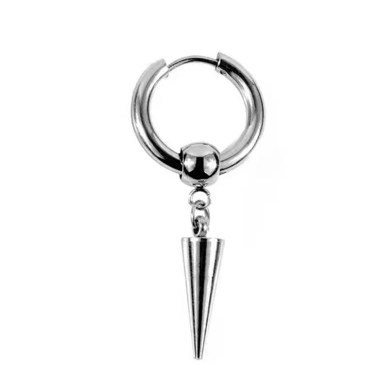 Edgy Stainless Steel Ball Charm Cone Spike Hoop Earrings - Silver Pierced