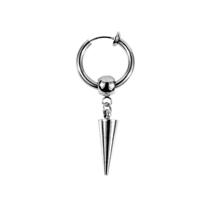 Edgy Stainless Steel Ball Charm Cone Spike Hoop Earrings - Silver Clip-On