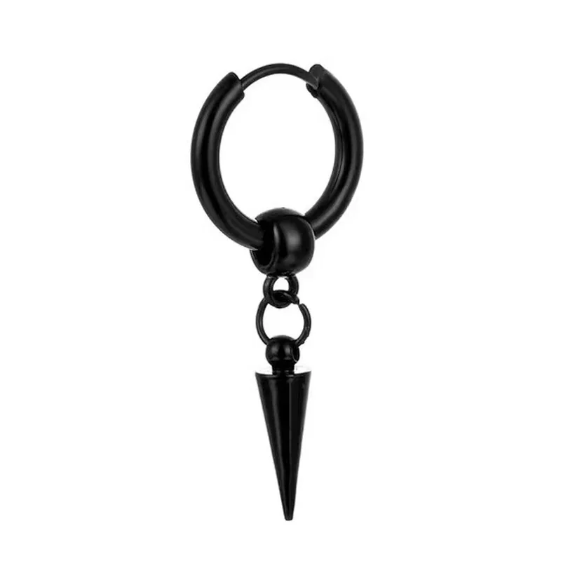 Edgy Stainless Steel Ball Charm Cone Spike Hoop Earrings - Black Pierced
