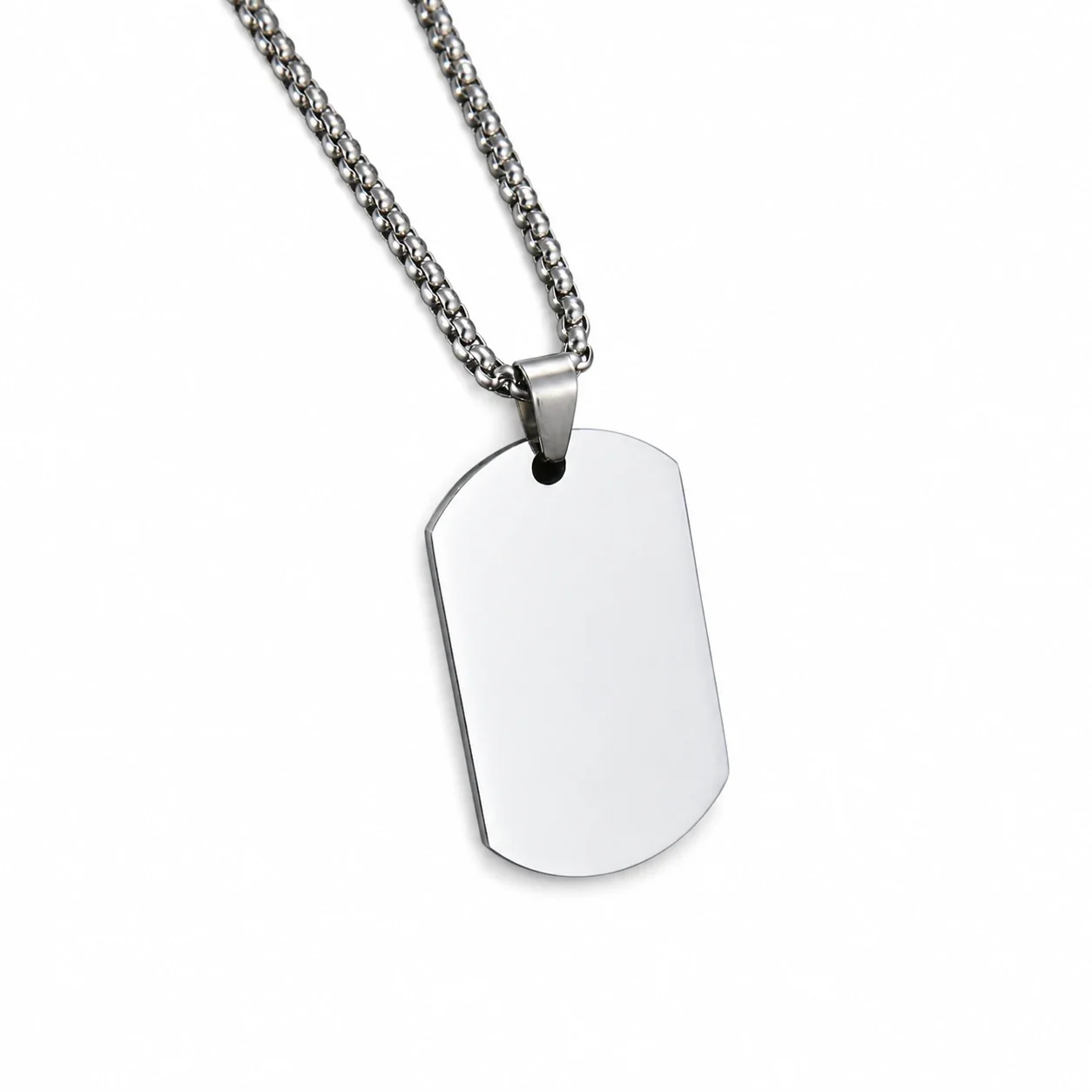 Stainless Steel Dog Tag Necklace with Photo Engraving - Silver with Square Bead