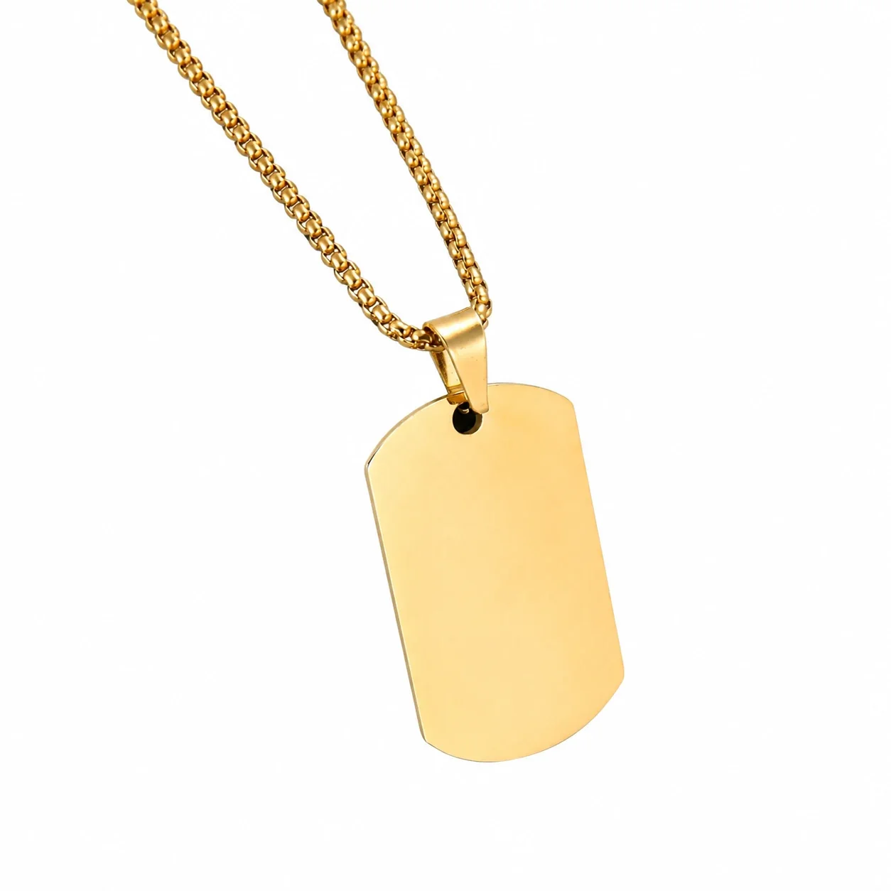 Stainless Steel Dog Tag Necklace with Photo Engraving - Gold with Square Bead