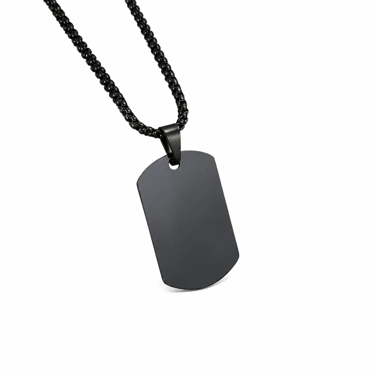 Stainless Steel Dog Tag Necklace with Photo Engraving - Black with Square Bead