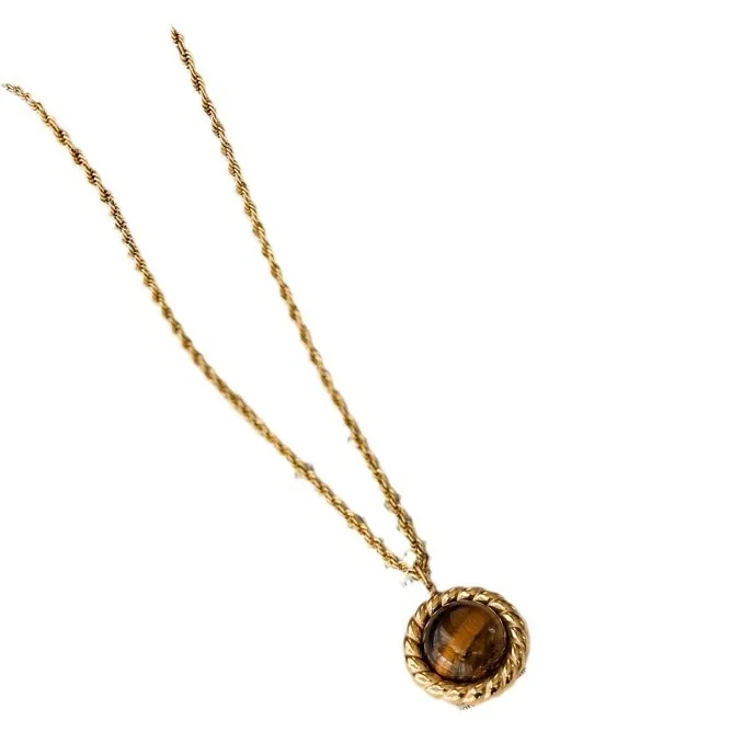 Necklace: Tiger's Eye Rope-Bezel Gold-Plated Steel