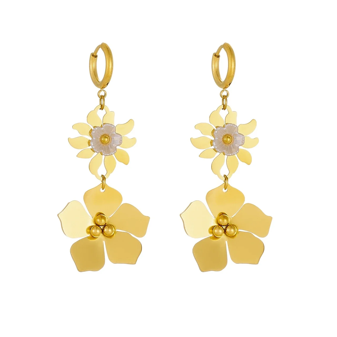 Drop Earrings with Layered Floral Charms, Gold-Plated Steel