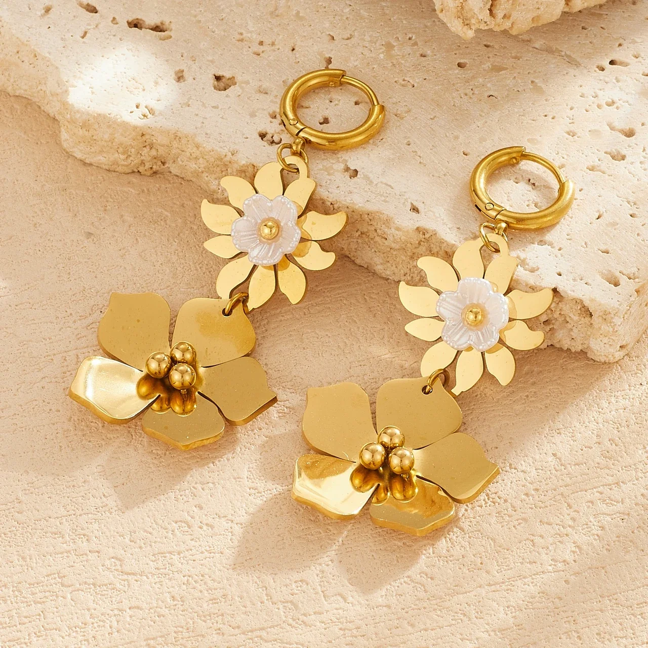Drop Earrings with Layered Floral Charms, Gold-Plated Steel