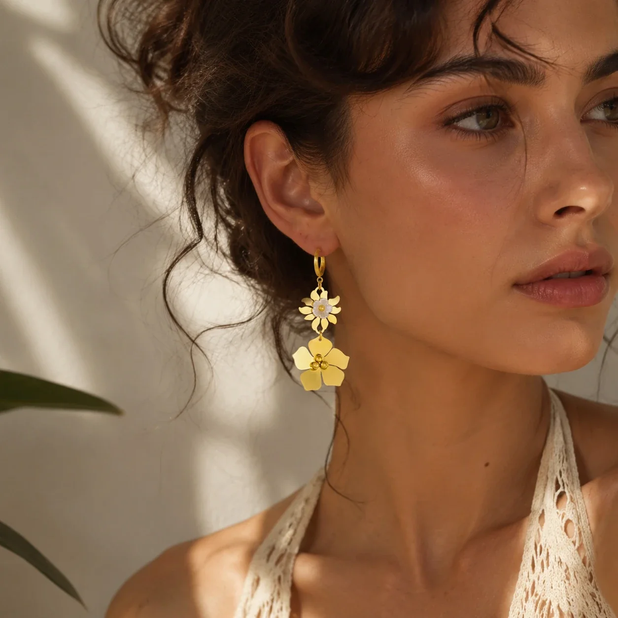 Drop Earrings with Layered Floral Charms, Gold-Plated Steel