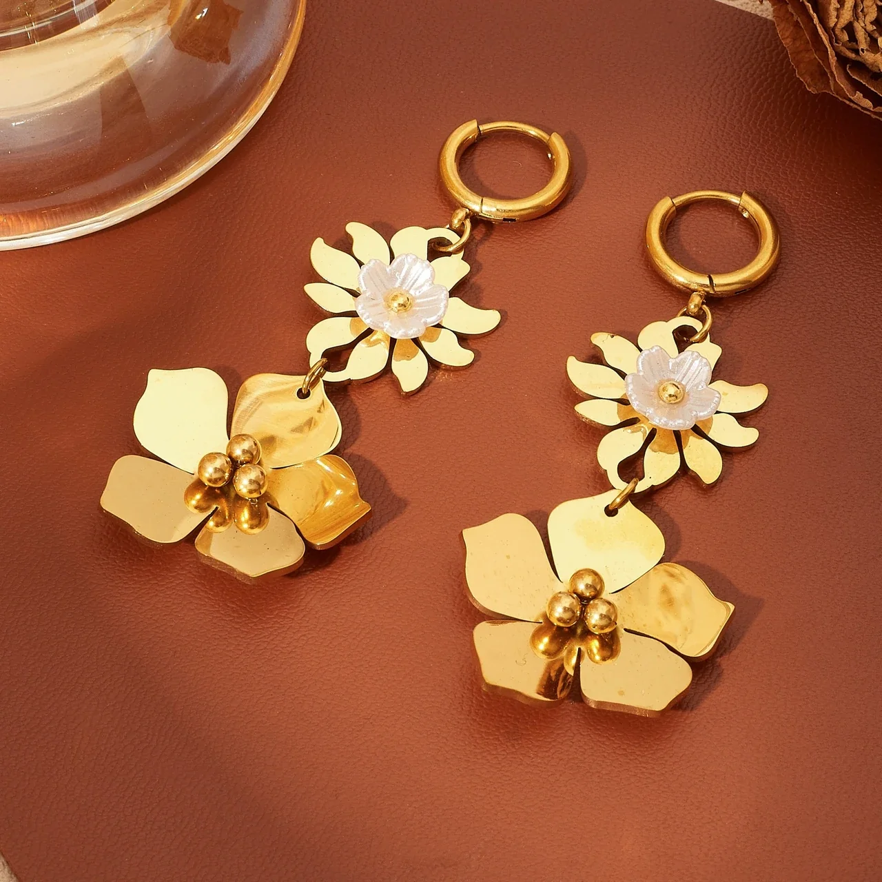 Drop Earrings with Layered Floral Charms, Gold-Plated Steel