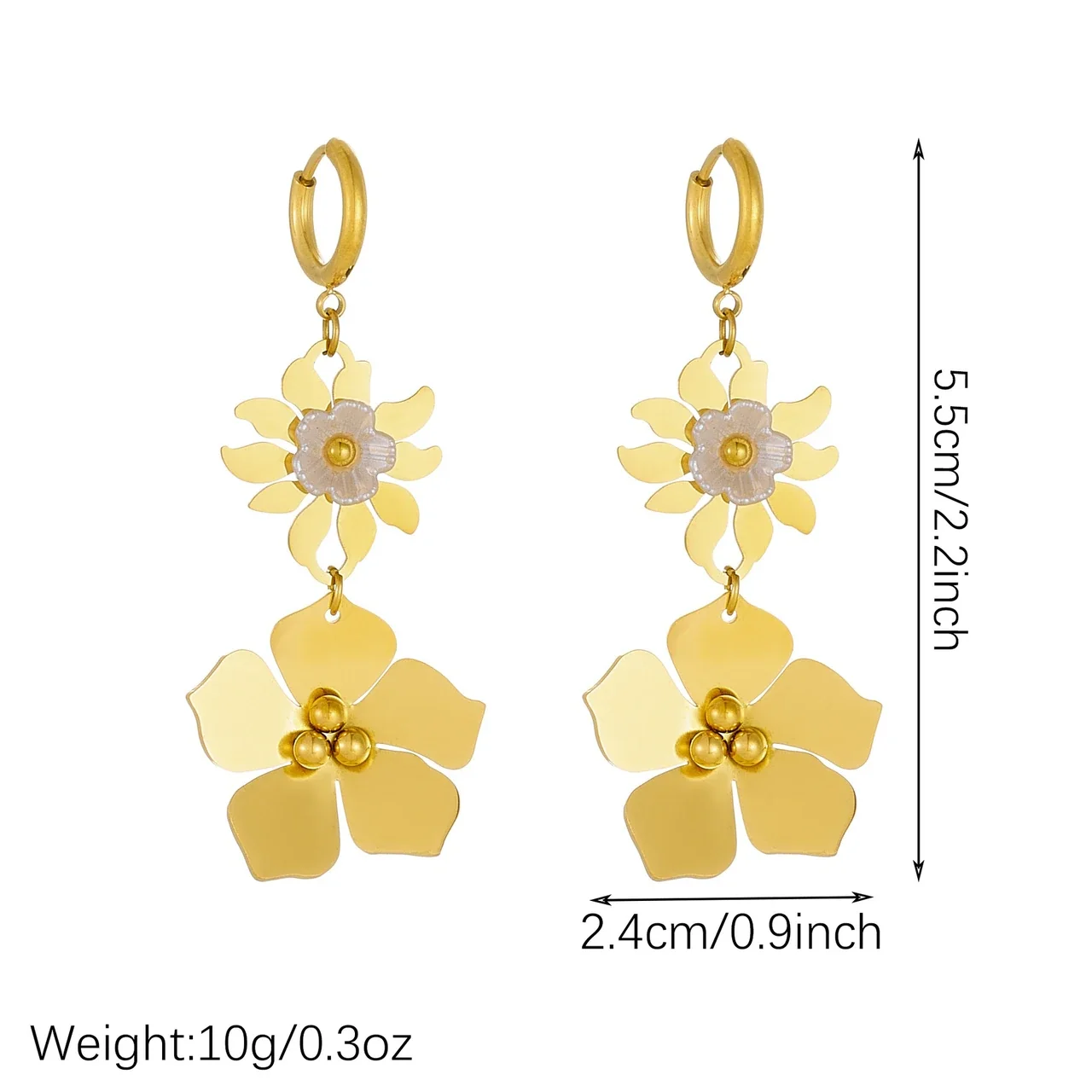 Drop Earrings with Layered Floral Charms, Gold-Plated Steel