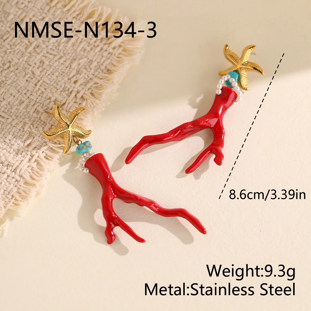 Oorhangers met zeester en rode koraaltak, 18K goudverguld productfoto