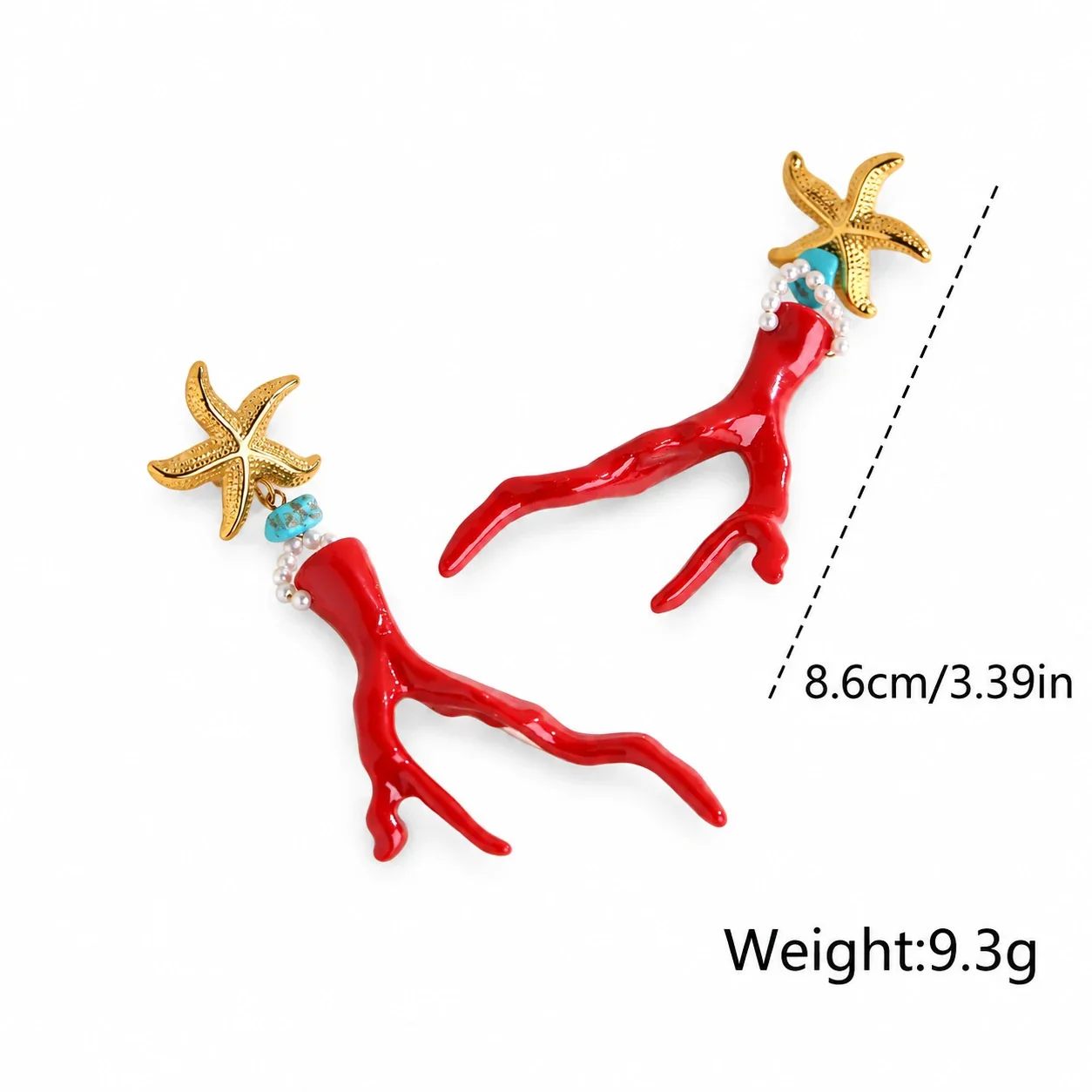 Oorhangers met zeester en rode koraaltak, 18K goudverguld productfoto