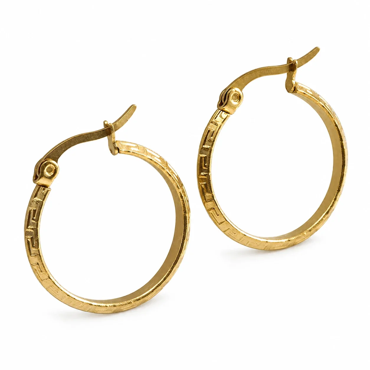 Sleek Gold PVD Greek Key Round Hoop Earrings