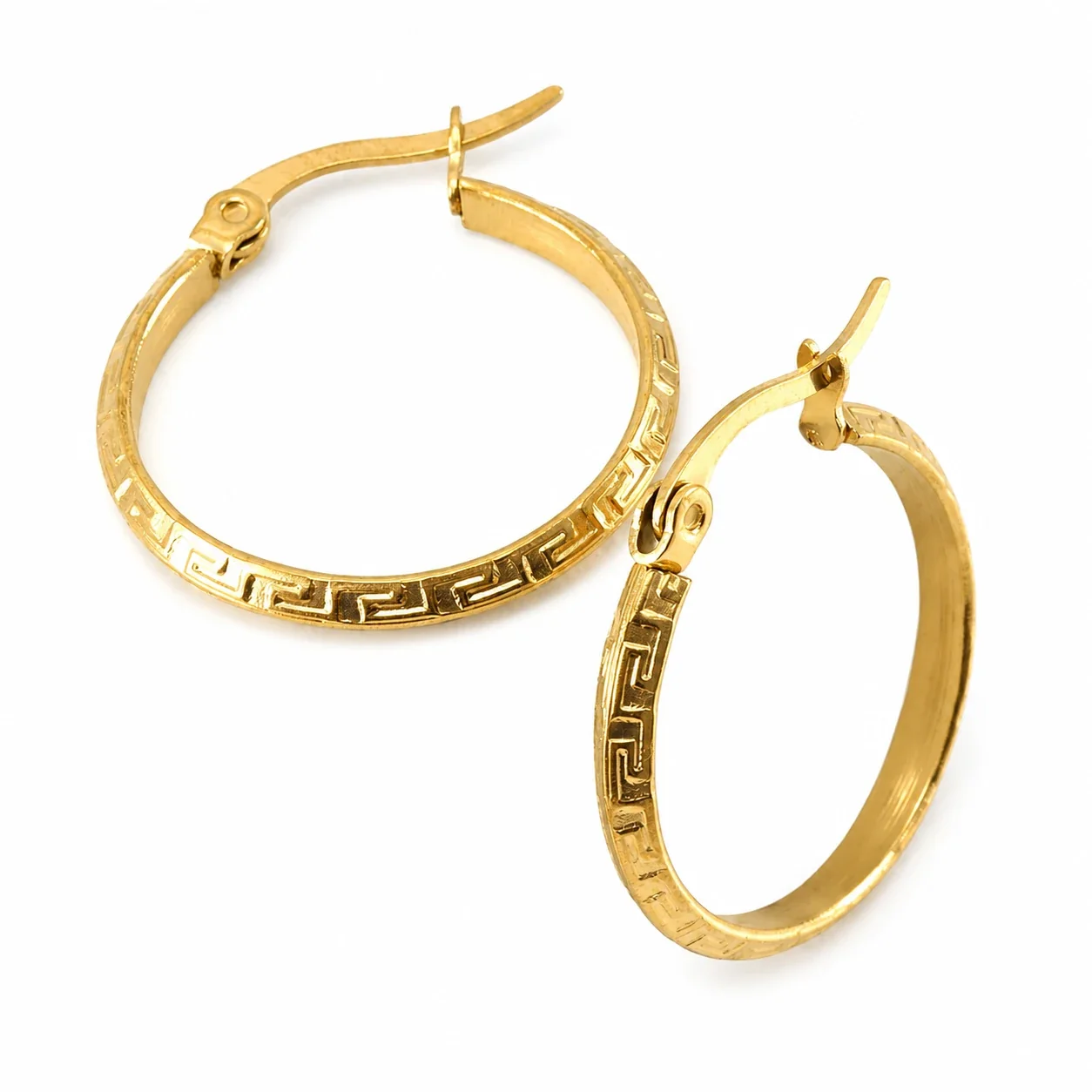 Sleek Gold PVD Greek Key Round Hoop Earrings
