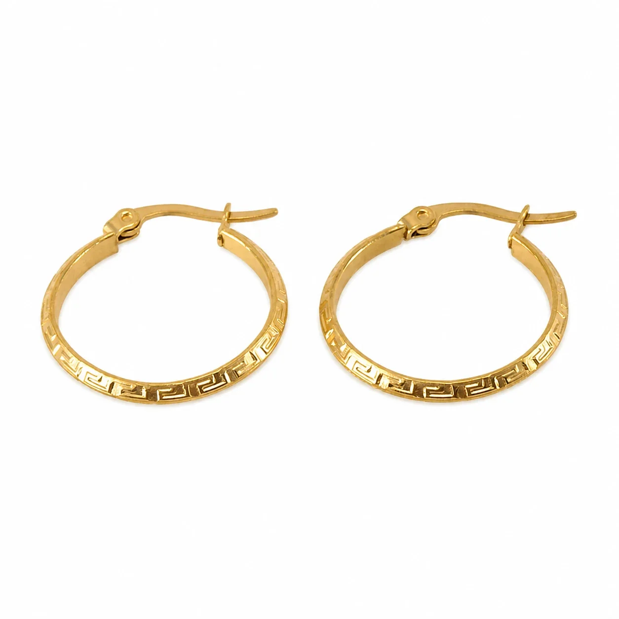 Sleek Gold PVD Greek Key Round Hoop Earrings